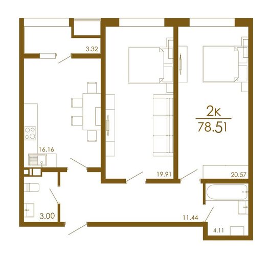 Планировка 2-комнатной квартиры от 52 до 79 м²